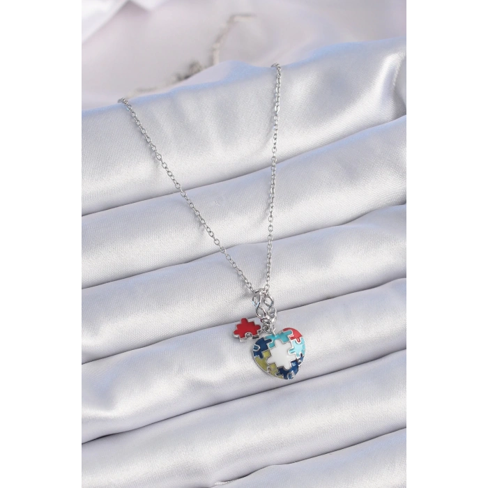 BFS 316L Çelik Gümüş Renk Yapboz Motif Kalp Figür Charm Model Kadın Kolye