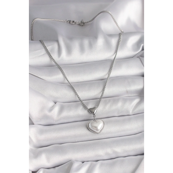 BFS 316L Çelik Gümüş Renk Zincir 3D Kalp Model Kadın Kolye