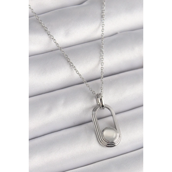 BFS 316L Çelik Gümüş Renk Zincir Beyaz Kedi Göz Model Kadın Kolye