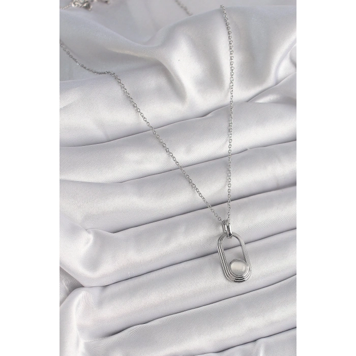 BFS 316L Çelik Gümüş Renk Zincir Beyaz Kedi Göz Model Kadın Kolye