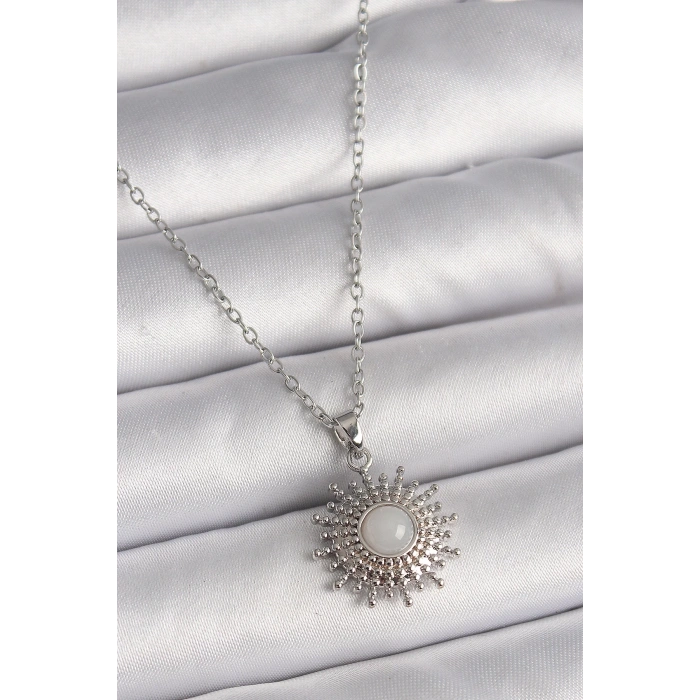 BFS 316L Çelik Gümüş Renk Zincir Beyaz Mineli Güneş Model Kadın Kolye