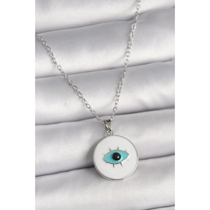 BFS 316L Çelik Gümüş Renk Zincir Beyaz Mineli Turkuaz Göz İşleme Model Kadın Kolye