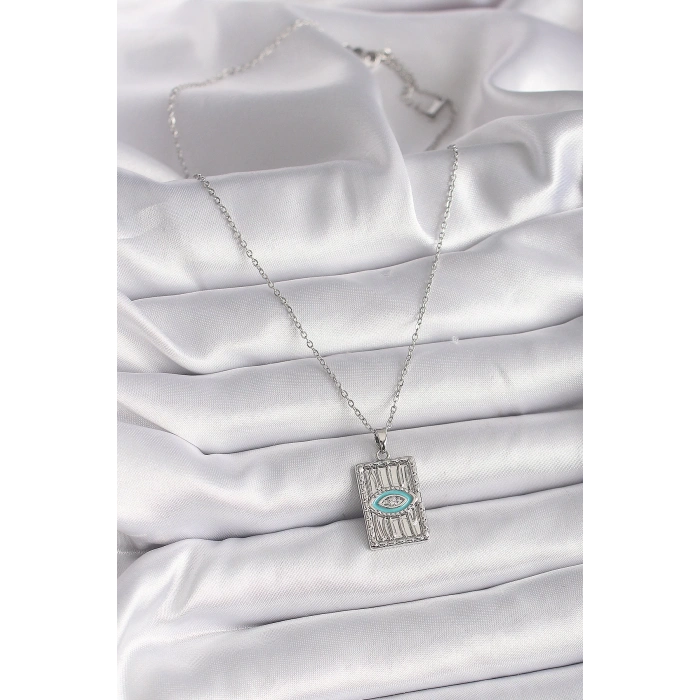 BFS 316L Çelik Gümüş Renk Zincir Göz İşlemeli Madalyon Model Kadın Kolye