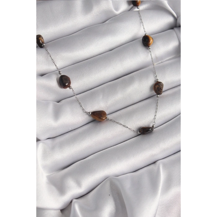 BFS 316L Çelik Gümüş Renk Zincir Kahverengi Doğaltaş Model Kadın Kolye