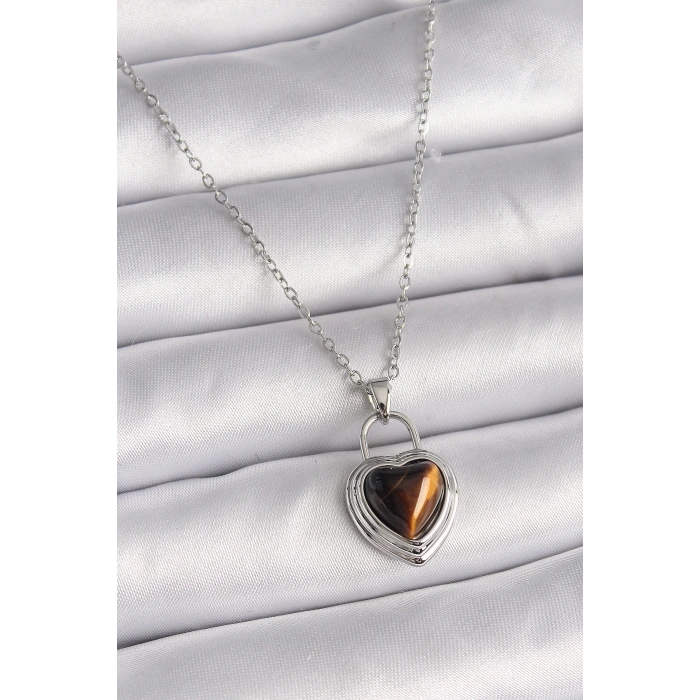 BFS 316L Çelik Gümüş Renk Zincir Kilit Kalp Kehribar Boncuk Model Kadın Kolye