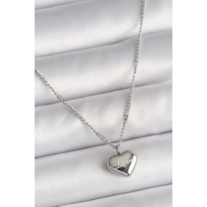 BFS 316L Çelik Gümüş Renk Zincir Love İşleme Kalp Figür Kadın Kolye