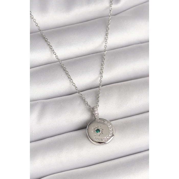 BFS 316L Çelik Gümüş Renk Zincir Madalyon Zirkon Taşlı İşlemeli Hilal Yıldız Model Kadın Kolye