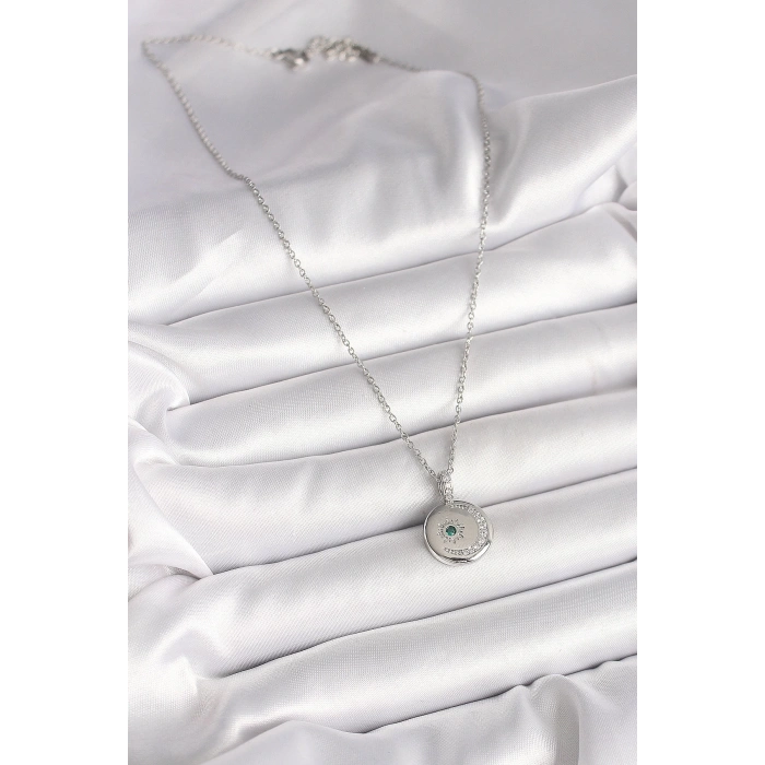 BFS 316L Çelik Gümüş Renk Zincir Madalyon Zirkon Taşlı İşlemeli Hilal Yıldız Model Kadın Kolye