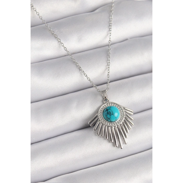 BFS 316L Çelik Gümüş Renk Zincir Mavi Boncuklu Zirkon Taşlı Kadın Kolye