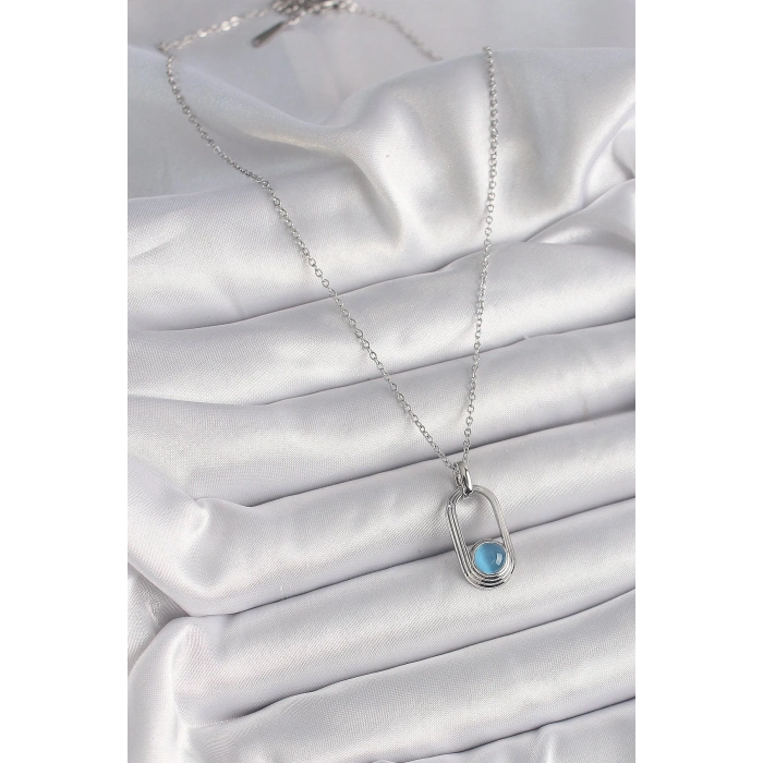 BFS 316L Çelik Gümüş Renk Zincir Mavi Kedi Göz Model Kadın Kolye