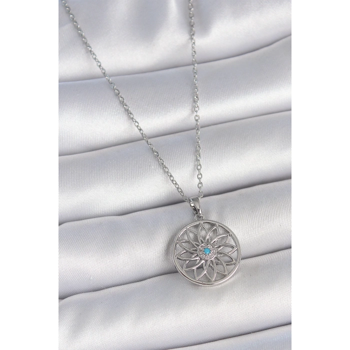 BFS 316L Çelik Gümüş Renk Zincir Mavi Taşlı Lotus Model Kadın Kolye