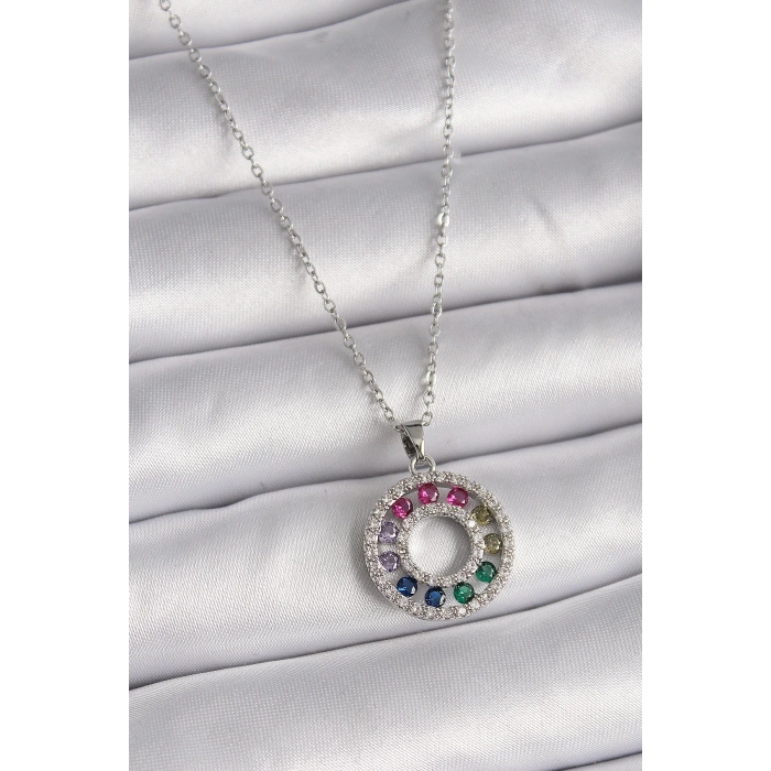 BFS 316L Çelik Gümüş Renk Zincir Renkli Zirkon Taşlı Madalyon Model Kadın Kolye