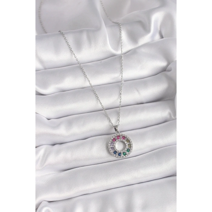 BFS 316L Çelik Gümüş Renk Zincir Renkli Zirkon Taşlı Madalyon Model Kadın Kolye
