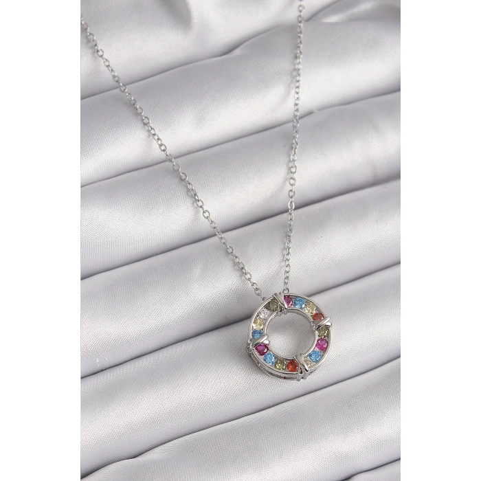 BFS 316L Çelik Gümüş Renk Zincir Renkli Zirkon Taşlı Xoxo Model Kadın Kolye