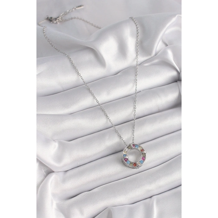 BFS 316L Çelik Gümüş Renk Zincir Renkli Zirkon Taşlı Xoxo Model Kadın Kolye