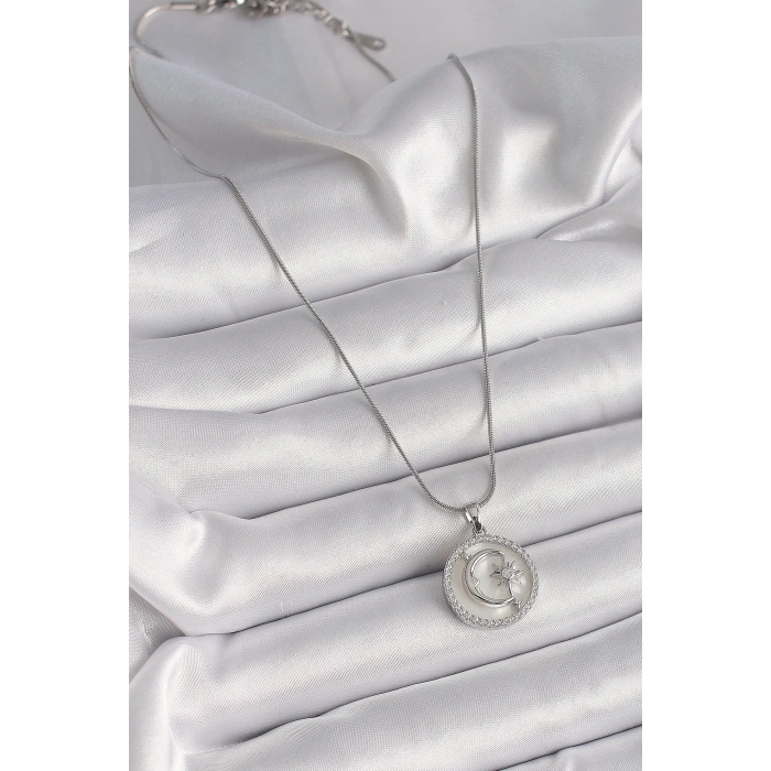 BFS 316L Çelik Gümüş Renk Zincir Zirkon Taş Detaylı Beyaz Sedefli Ay Yıldız İşleme Kadın Kolye