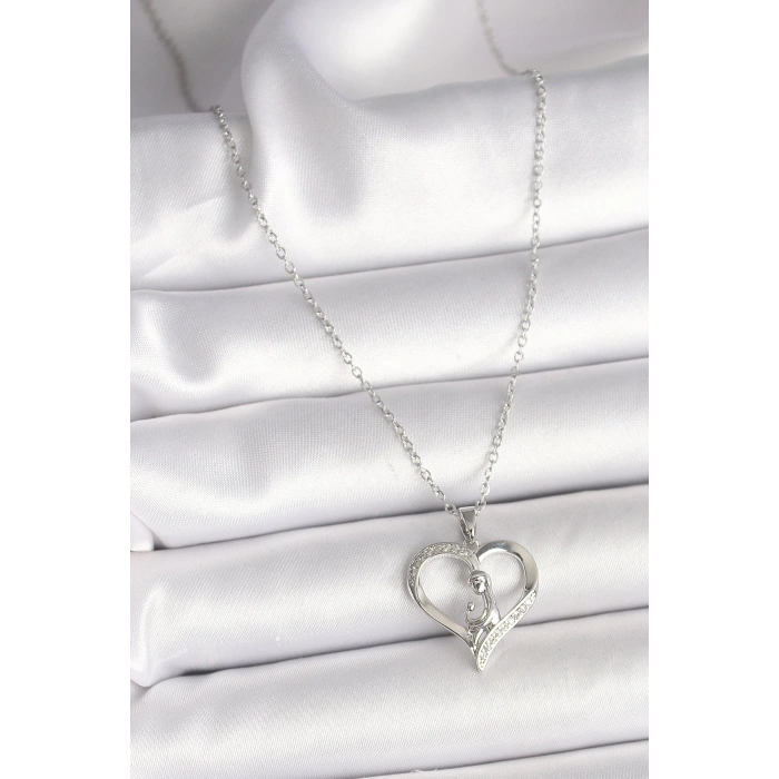 BFS 316L Çelik Gümüş Renk Zincir Zirkon Taş Detaylı Kalp Model Kadın Kolye
