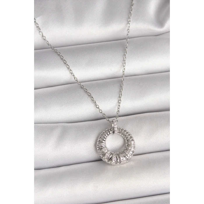 BFS 316L Çelik Gümüş Renk Zincir Zirkon Taş İşlemeli Daire Model Kadın Kolye