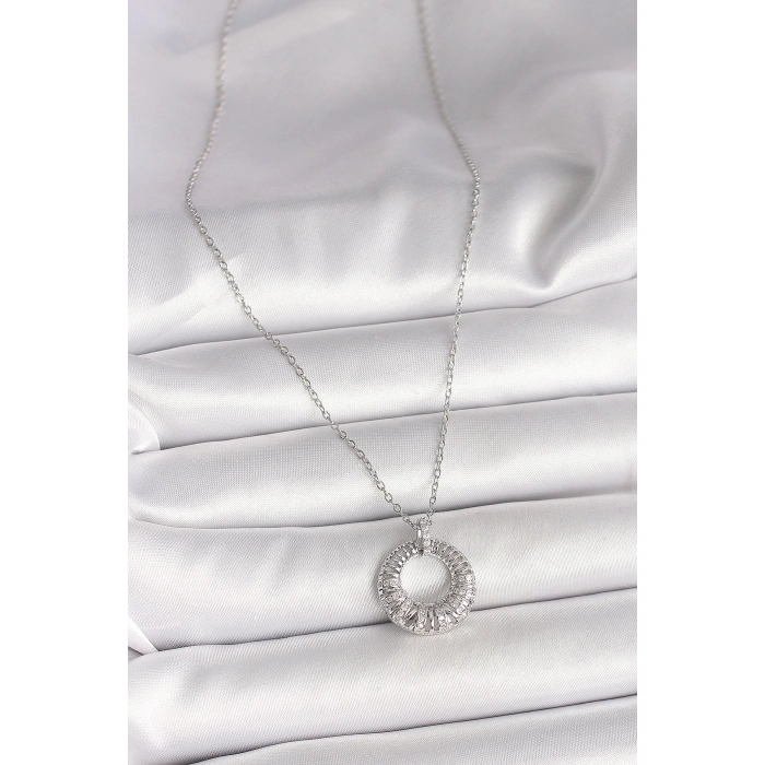 BFS 316L Çelik Gümüş Renk Zincir Zirkon Taş İşlemeli Daire Model Kadın Kolye
