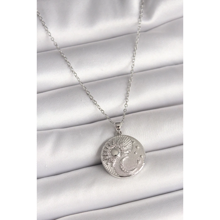 BFS 316L Çelik Gümüş Renk Zincir Zirkon Taşlı Ay Güneş İşlemeli Madalyon Model Kadın Kolye