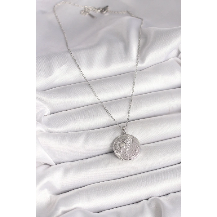 BFS 316L Çelik Gümüş Renk Zincir Zirkon Taşlı Ay Güneş İşlemeli Madalyon Model Kadın Kolye