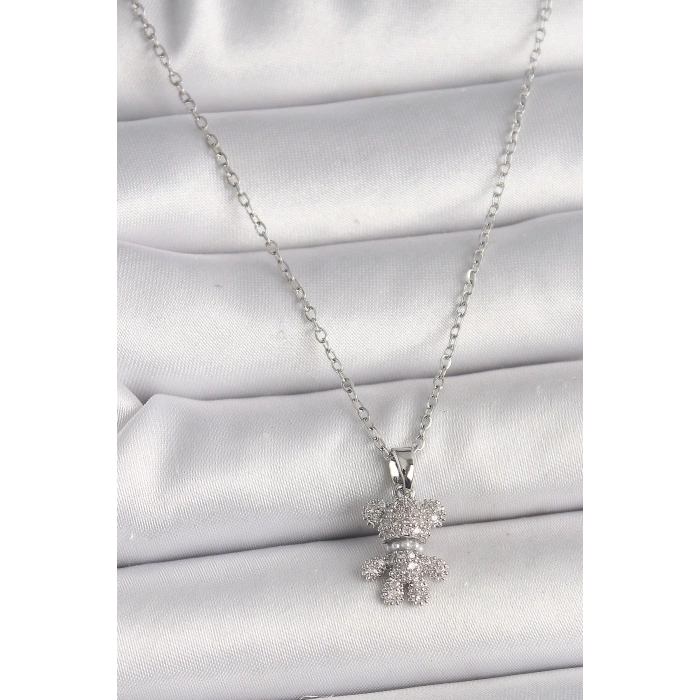 BFS 316L Çelik Gümüş Renk Zincir Zirkon Taşlı Ayıcık Figür Kadın Kolye