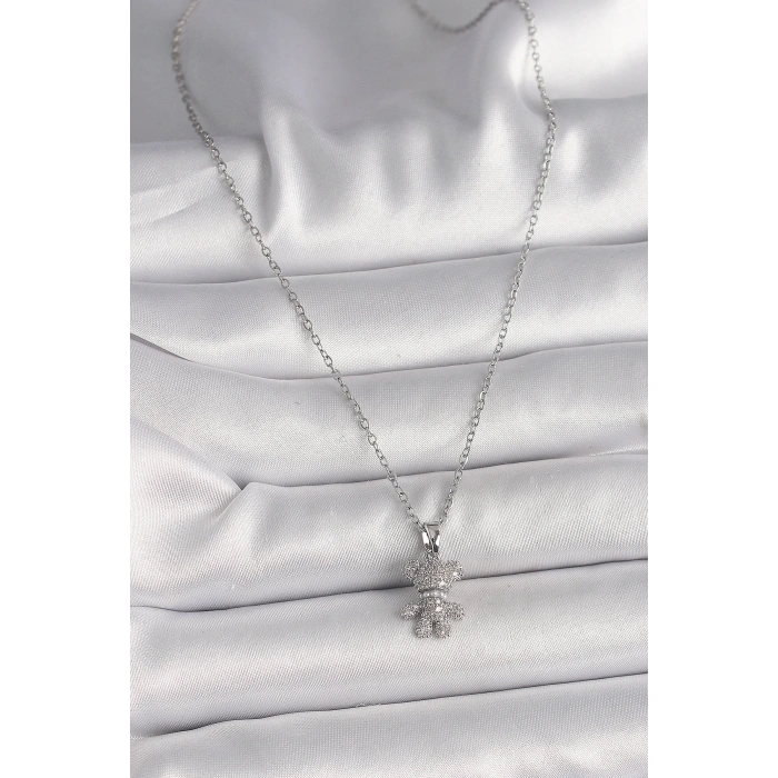 BFS 316L Çelik Gümüş Renk Zincir Zirkon Taşlı Ayıcık Figür Kadın Kolye