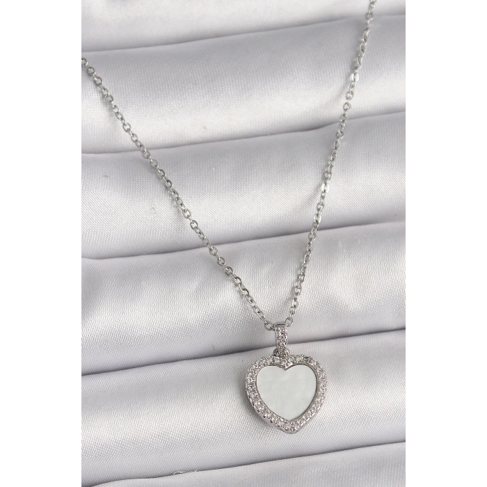 BFS 316L Çelik Gümüş Renk Zincir Zirkon Taşlı Beyaz Mineli Kalp Model Kadın Kolye
