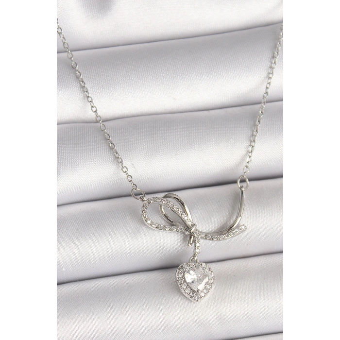 BFS 316L Çelik Gümüş Renk Zincir Zirkon Taşlı Düğüm Sallantı Kalp Figür Kadın Kolye