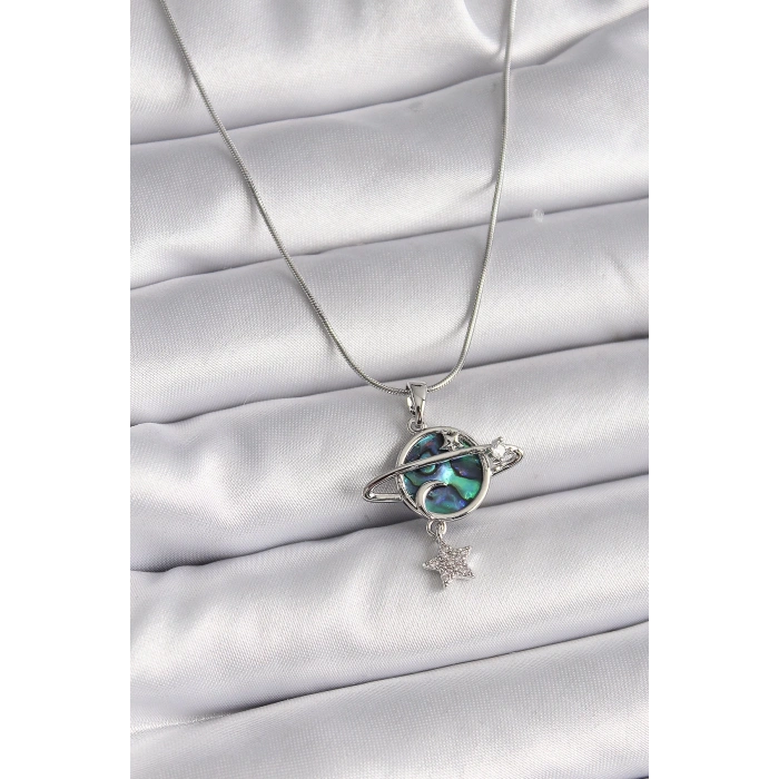 BFS 316L Çelik Gümüş Renk Zincir Zirkon Taşlı Gezegen Model Kadın Kolye