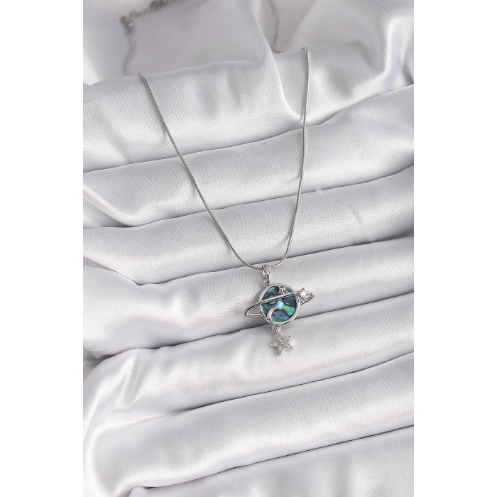 BFS 316L Çelik Gümüş Renk Zincir Zirkon Taşlı Gezegen Model Kadın Kolye