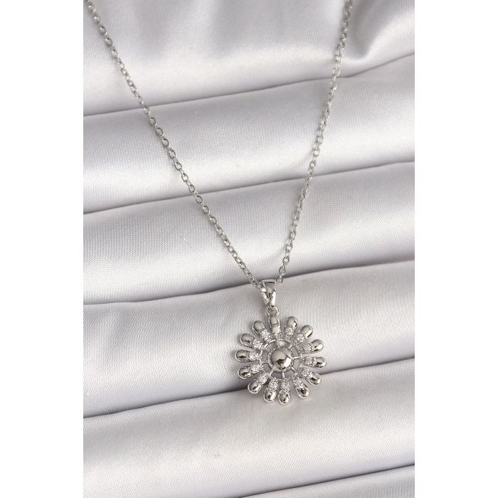 BFS 316L Çelik Gümüş Renk Zincir Zirkon Taşlı Güneş Model Kadın Kolye