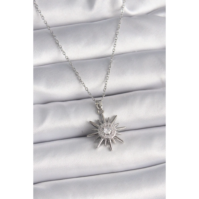 BFS 316L Çelik Gümüş Renk Zincir Zirkon Taşlı Güneş Model Kadın Yüzük