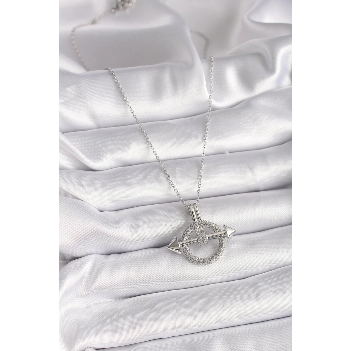 BFS 316L Çelik Gümüş Renk Zincir Zirkon Taşlı Halka Model Kadın Kolye