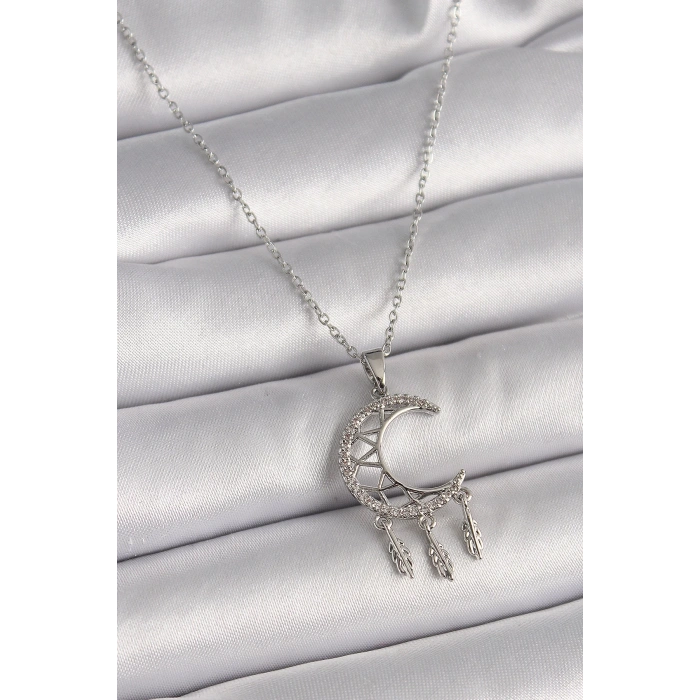 BFS 316L Çelik Gümüş Renk Zincir Zirkon Taşlı Hilal Model Sallantı Yaprak Detay Kadın Kolye