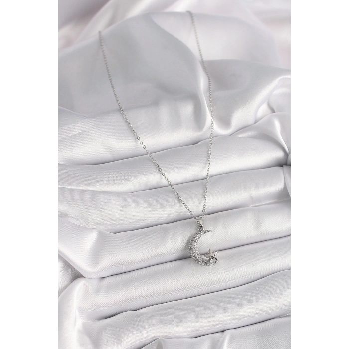 BFS 316L Çelik Gümüş Renk Zincir Zirkon Taşlı Hilal Model Yıldız Detay Kadın Kolye