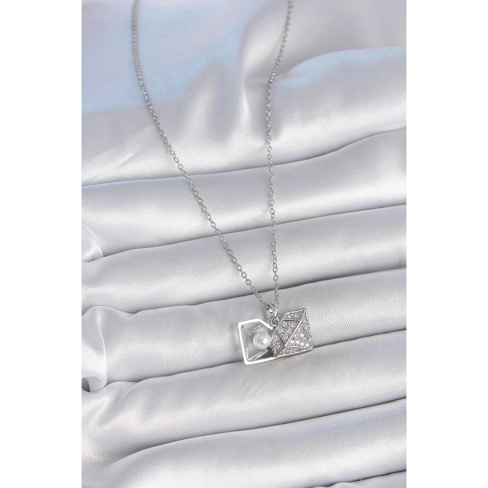 BFS 316L Çelik Gümüş Renk Zincir Zirkon Taşlı İncili Açılır Elmas Model Kadın Kolye