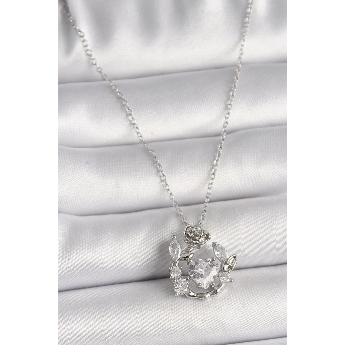 BFS 316L Çelik Gümüş Renk Zincir Zirkon Taşlı Kalp Figür Gül Detay Kadın Kolye