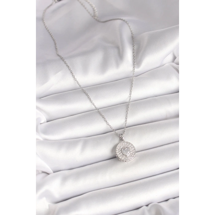BFS 316L Çelik Gümüş Renk Zincir Zirkon Taşlı Kalp İşlemeli Madalyon Model Kadın Kolye