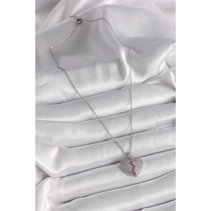 BFS 316L Çelik Gümüş Renk Zincir Zirkon Taşlı Kalp Model Kadın Kolye