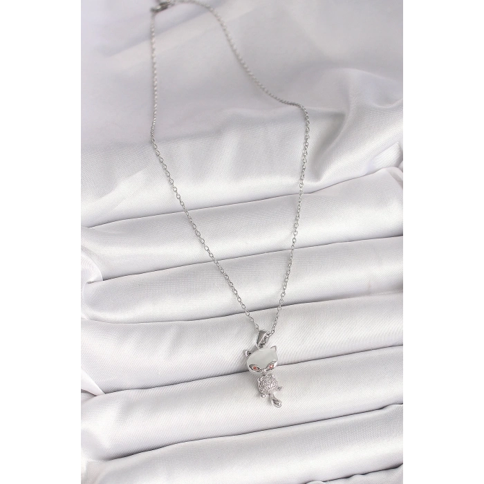 BFS 316L Çelik Gümüş Renk Zincir Zirkon Taşlı Kedi Model Kadın Kolye