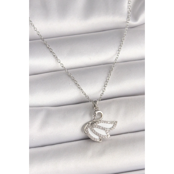 BFS 316L Çelik Gümüş Renk Zincir Zirkon Taşlı Kuğu Model Kadın Kolye