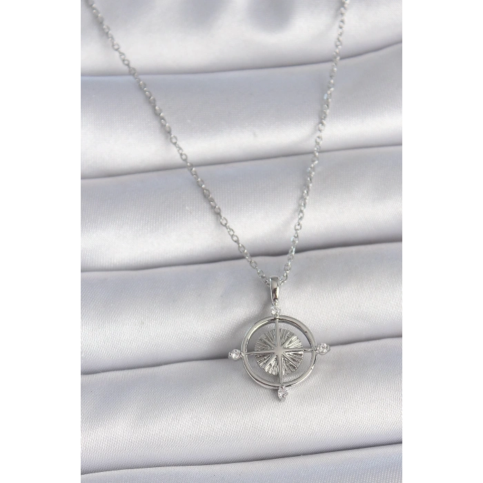 BFS 316L Çelik Gümüş Renk Zincir Zirkon Taşlı Pusula Model Kadın Kolye