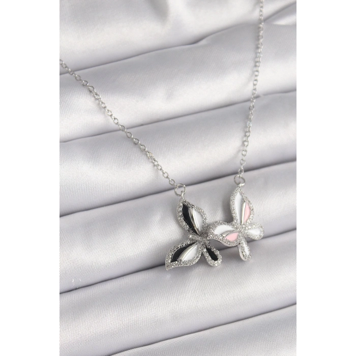 BFS 316L Çelik Gümüş Renk Zincir Zirkon Taşlı Renkli Kelebek Model Kadın Kolye