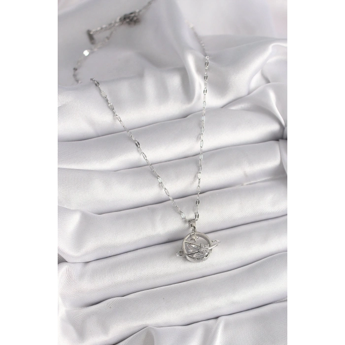 BFS 316L Çelik Gümüş Renk Zincir Zirkon Taşlı Yıldız Detay Gezegen Model Kadın Kolye