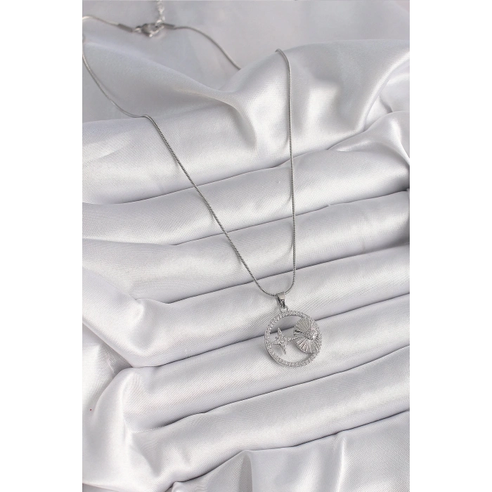 BFS 316L Çelik Gümüş Renk Zincir Zirkon Taşlı Yıldız Madalyon Model Kadın Kolye