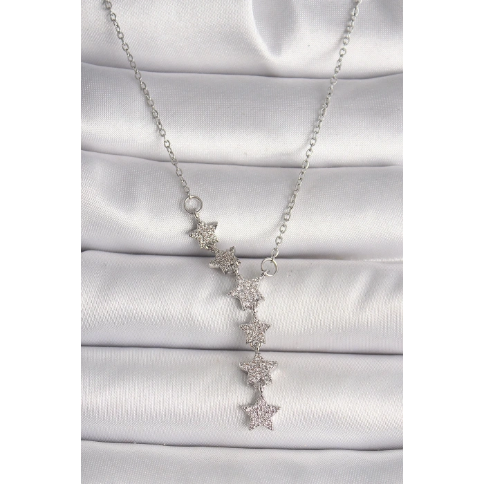 BFS 316L Çelik Gümüş Renk Zincir Zirkon Taşlı Yıldız Model Kadın Kolye