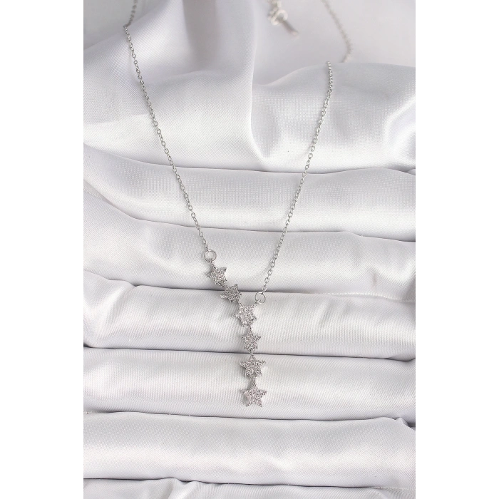 BFS 316L Çelik Gümüş Renk Zincir Zirkon Taşlı Yıldız Model Kadın Kolye