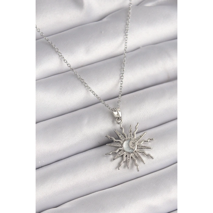 BFS 316L Çelik Gümüş Renk Zincir Zirkon Taşlı Yıldız Model Sedefli Ay İşleme Detay Kadın Kolye