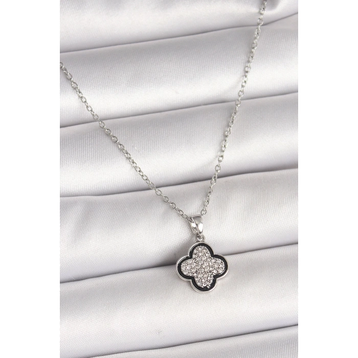 BFS 316L Çelik Gümüş Renk Zincir Zirkon Taşlı Yonca Model Kadın Kolye